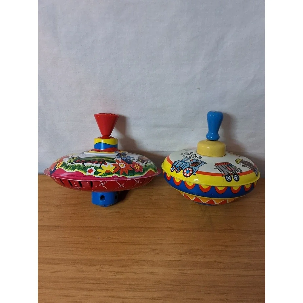 Vintage Pair Of Mechanical Tin Spinning Tops. Vibrant Colors GVC Lot Of 2 WORKS